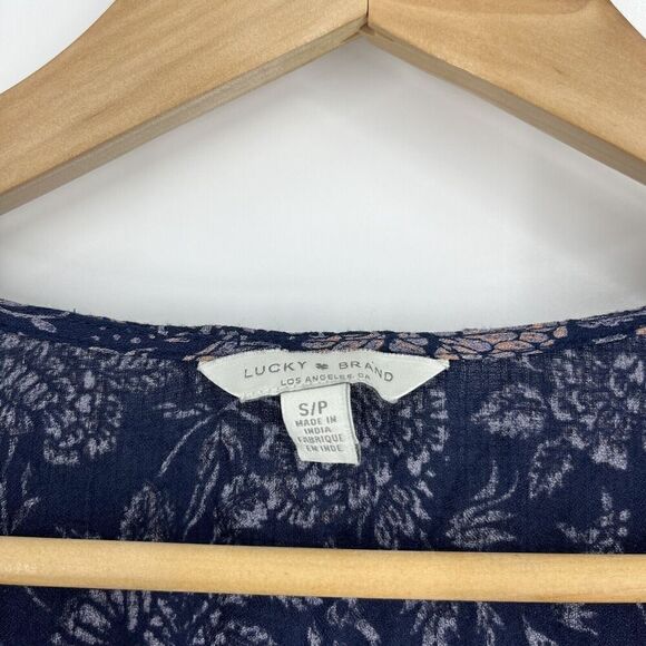 Lucky Brand Top Size Small Womens Navy Peasant Floral Print V Neck Smocked Boho - Picture 5 of 10